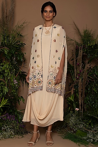 Cream Draped Dress With Embroidered Jacket by Samatvam By Anjali Bhaskar