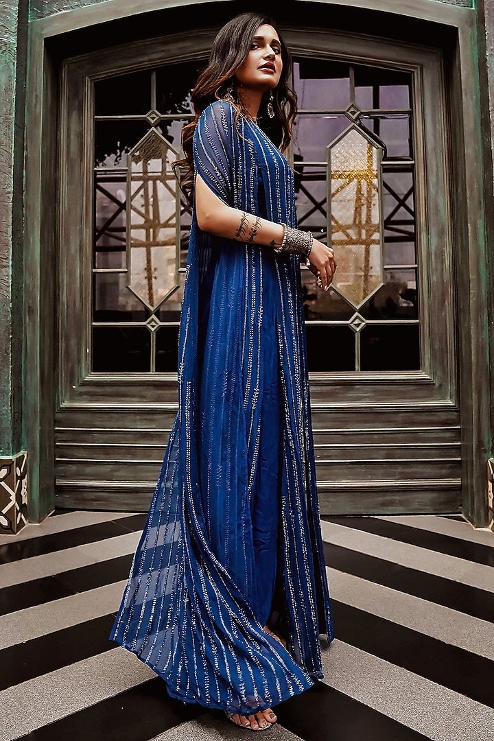 Midnight Blue Jumpsuit With Embroidered Cape by Samatvam By Anjali Bhaskar at Pernia's Pop Up Shop