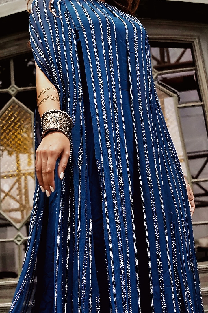 Midnight Blue Jumpsuit With Embroidered Cape by Samatvam By Anjali Bhaskar at Pernia's Pop Up Shop