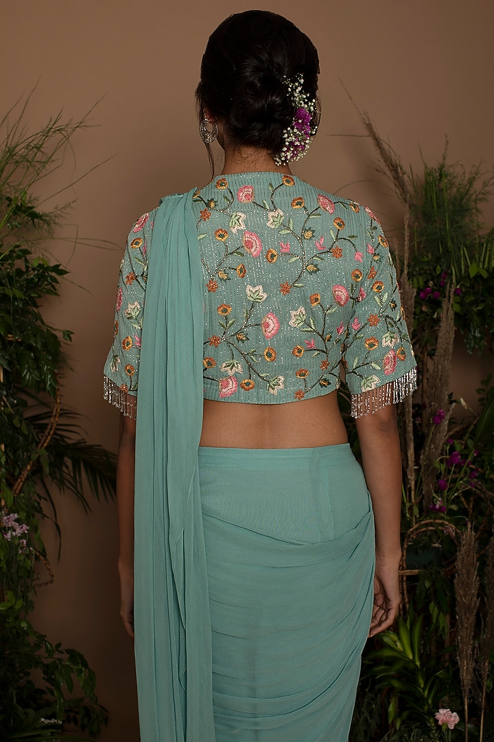 Teal Blue Georgette Draped Wedding Saree Set by Samatvam By Anjali Bhaskar at Pernia's Pop Up Shop