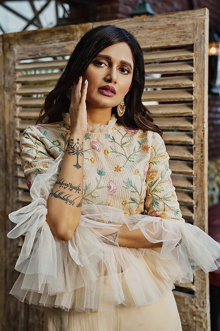 Cream Embroidered Top With Pants by Samatvam By Anjali Bhaskar at Pernia's Pop Up Shop
