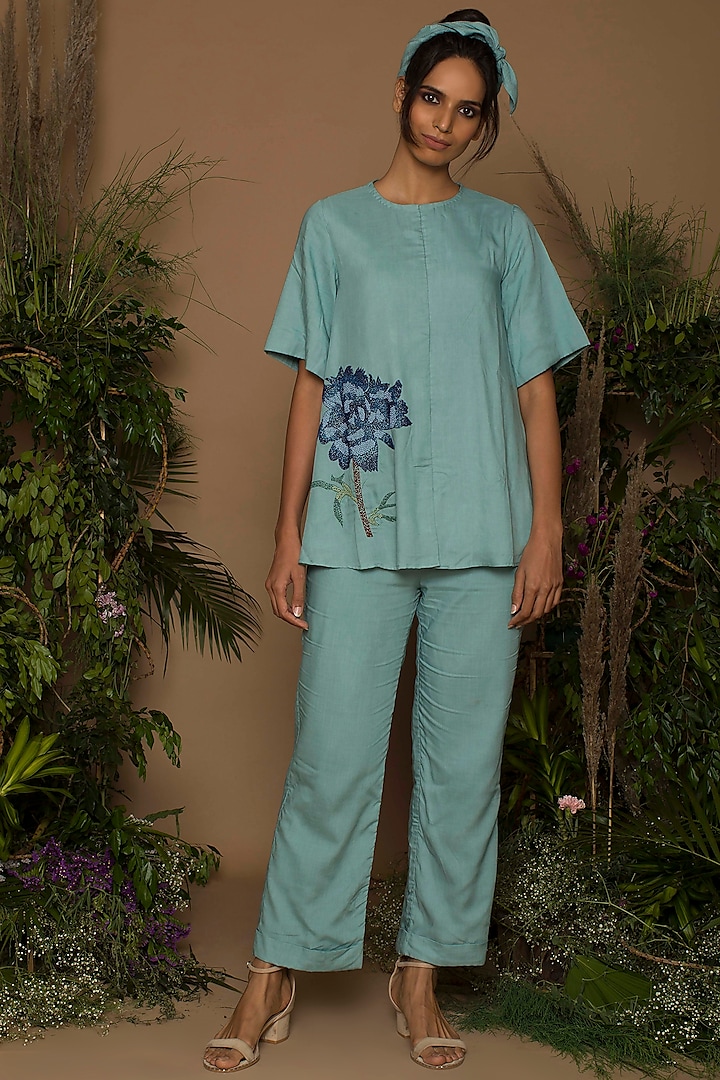 Naples Blue Embroidered Top With Pants by Samatvam By Anjali Bhaskar