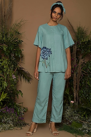 Naples Blue Embroidered Top With Pants by Samatvam By Anjali Bhaskar