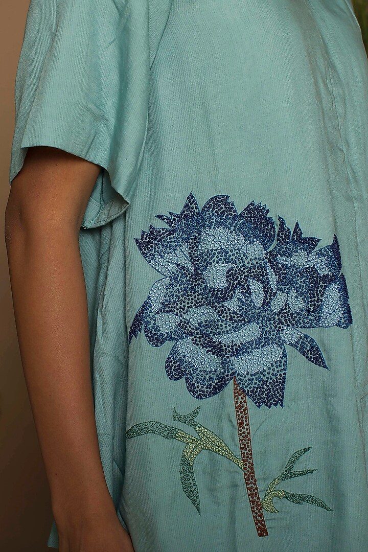 Naples Blue Embroidered Top With Pants by Samatvam By Anjali Bhaskar at Pernia's Pop Up Shop