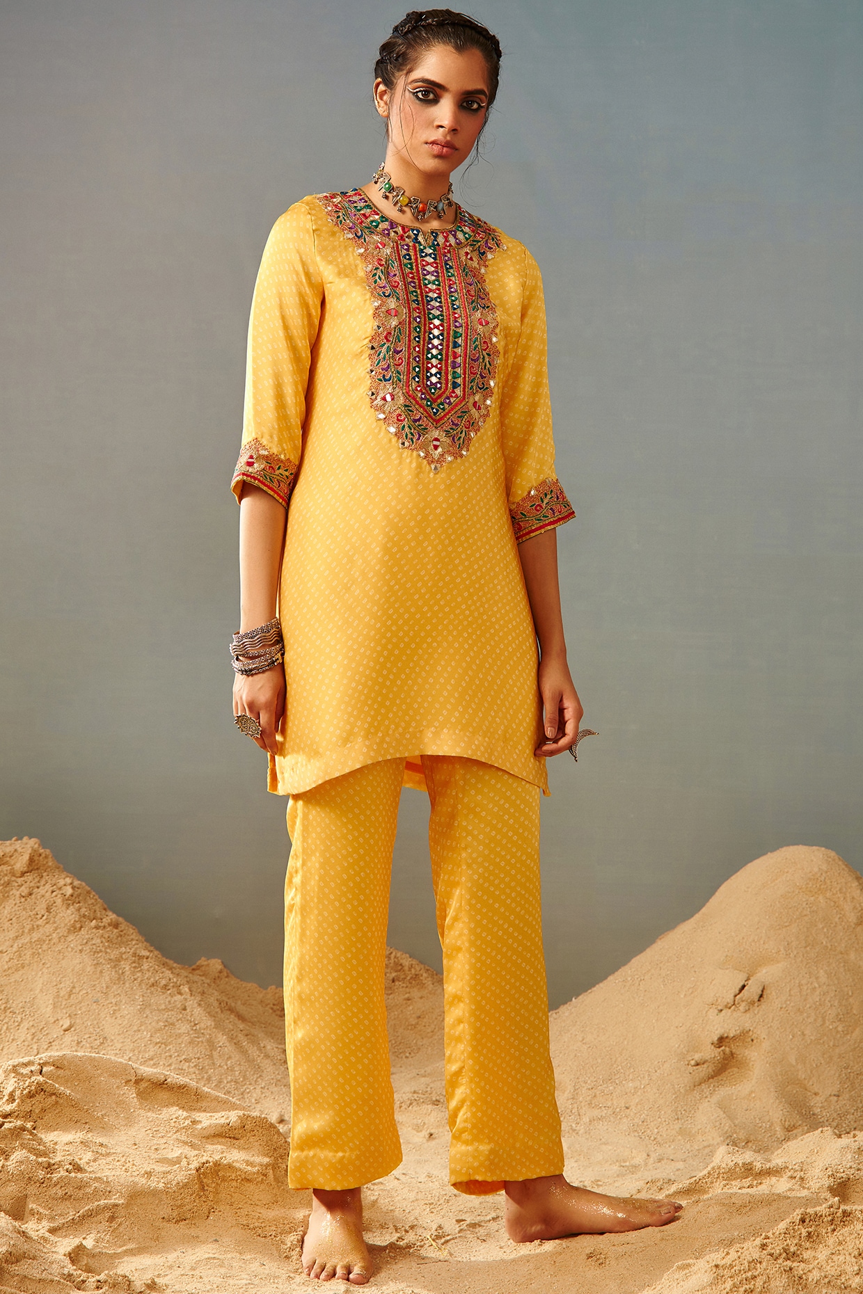 Mango Yellow Printed & Embroidered Kurta Set Design By Samatvam By ...