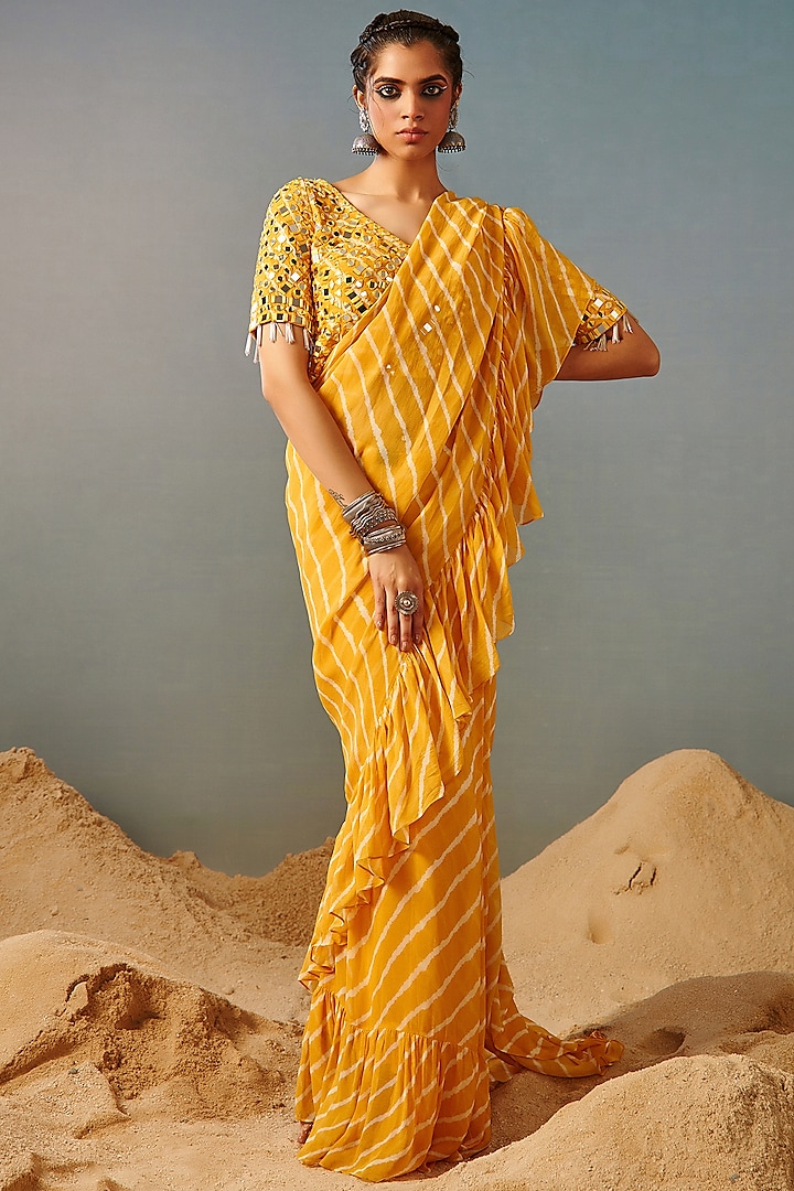 Yellow Blended Georgette Printed Ruffle Pre-Draped Saree Set by Samatvam By Anjali Bhaskar