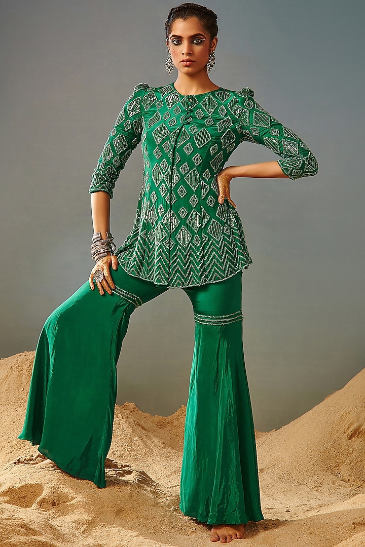Solid Green Blended Crepe Sharara Set by Samatvam By Anjali Bhaskar