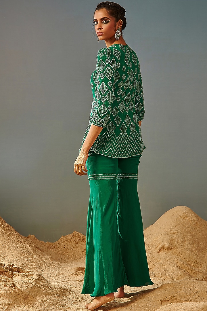 Solid Green Blended Crepe Wedding Sharara Set by Samatvam By Anjali Bhaskar at Pernia's Pop Up Shop