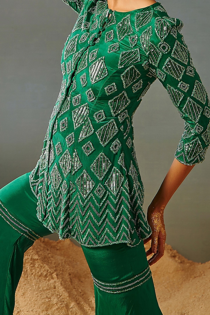 Solid Green Blended Crepe Wedding Sharara Set by Samatvam By Anjali Bhaskar at Pernia's Pop Up Shop