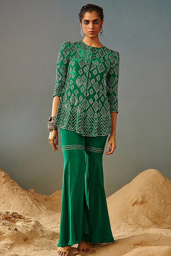 Solid Green Blended Crepe Wedding Sharara Set by Samatvam By Anjali Bhaskar at Pernia's Pop Up Shop