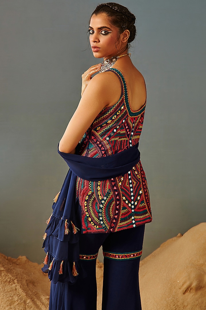 Dark Blue Georgette Wedding Sharara Set by Samatvam By Anjali Bhaskar at Pernia's Pop Up Shop