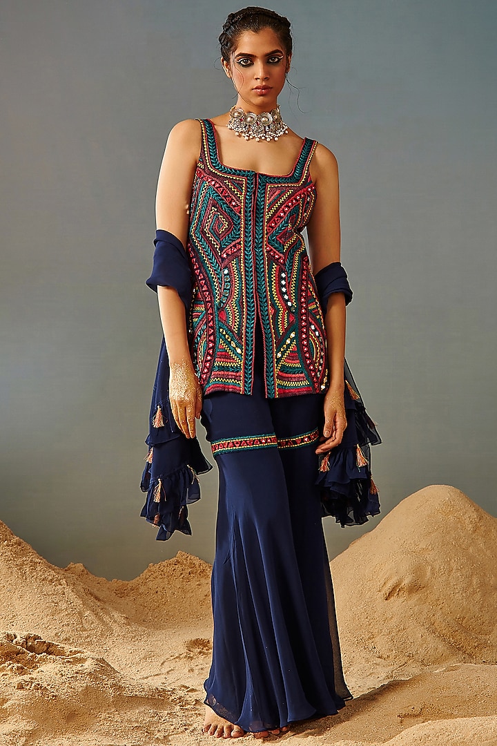 Dark Blue Georgette Wedding Sharara Set by Samatvam By Anjali Bhaskar at Pernia's Pop Up Shop