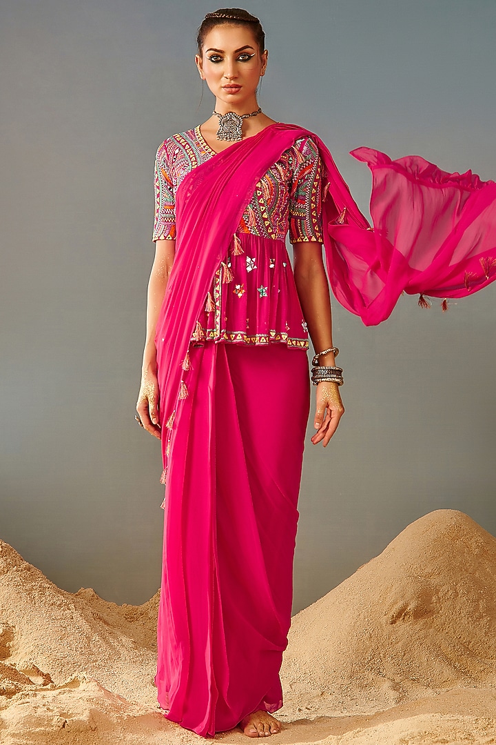 Pink Blended Georgette Wedding Saree Set by Samatvam By Anjali Bhaskar at Pernia's Pop Up Shop