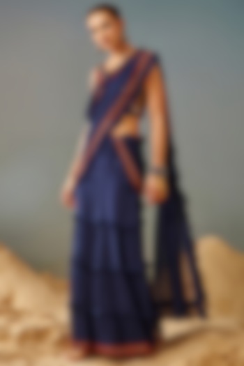 Dark Blue Blended Georgette Draped Saree Set by Samatvam By Anjali Bhaskar