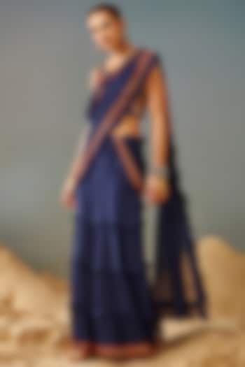 Dark Blue Blended Georgette Draped Saree Set by Samatvam By Anjali Bhaskar