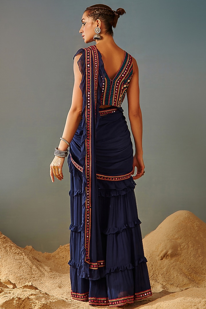 Dark Blue Blended Georgette Draped Wedding Saree Set by Samatvam By Anjali Bhaskar at Pernia's Pop Up Shop