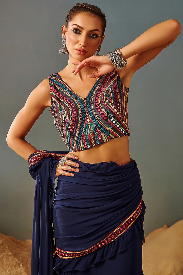 Dark Blue Blended Georgette Draped Wedding Saree Set by Samatvam By Anjali Bhaskar at Pernia's Pop Up Shop