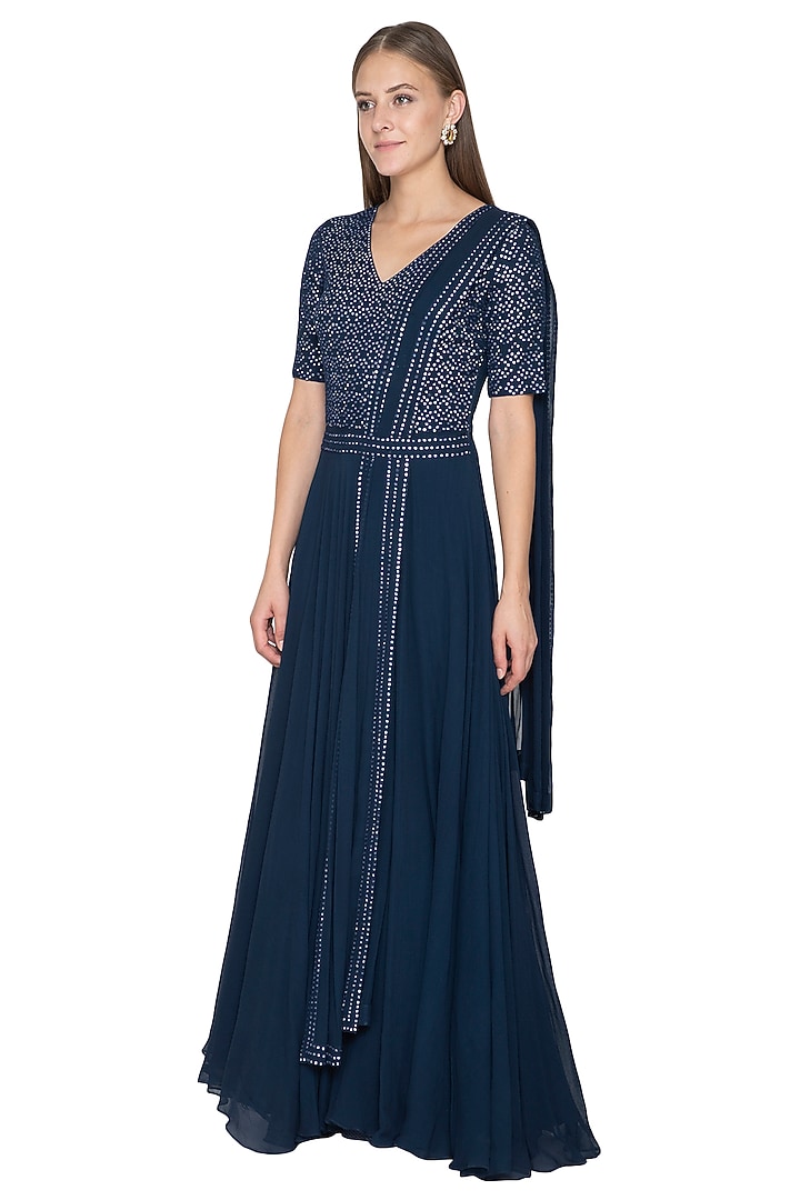 Midnight Blue Embroidered Wedding Anarkali by Samatvam By Anjali Bhaskar at Pernia's Pop Up Shop