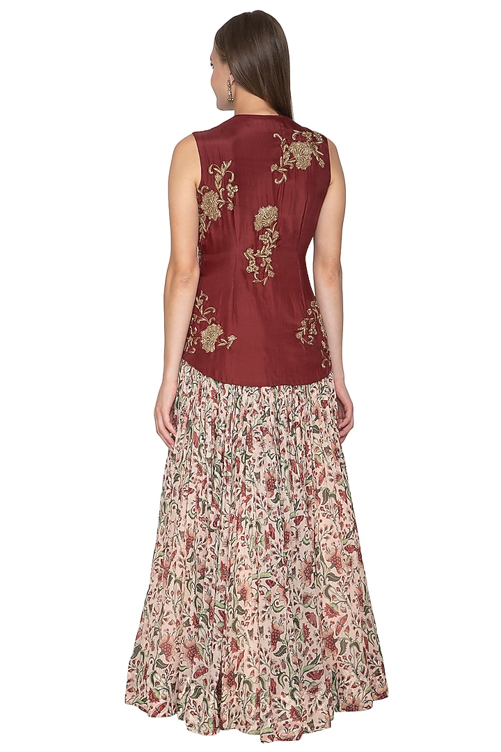 Brown Embroidered Blouse & Floral Printed Wedding Lehenga Skirt by Samatvam By Anjali Bhaskar at Pernia's Pop Up Shop