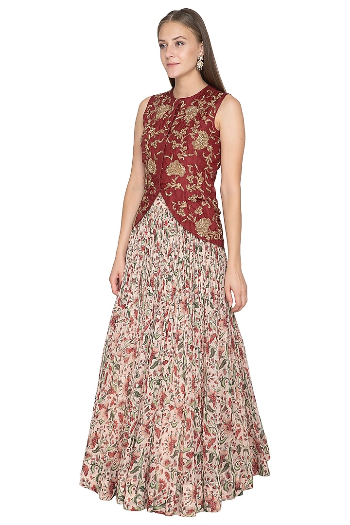 Brown Embroidered Blouse & Floral Printed Wedding Lehenga Skirt by Samatvam By Anjali Bhaskar at Pernia's Pop Up Shop
