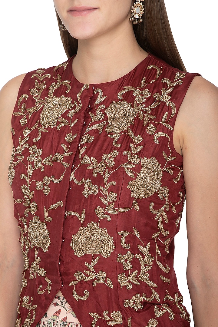 Brown Embroidered Blouse & Floral Printed Wedding Lehenga Skirt by Samatvam By Anjali Bhaskar at Pernia's Pop Up Shop