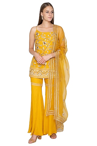 Mustard Yellow Embroidered Sharara Set by Samatvam By Anjali Bhaskar