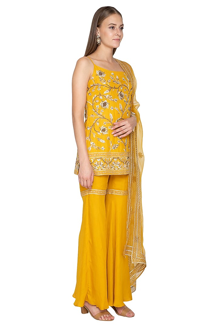 Mustard Yellow Embroidered Wedding Sharara Set by Samatvam By Anjali Bhaskar at Pernia's Pop Up Shop