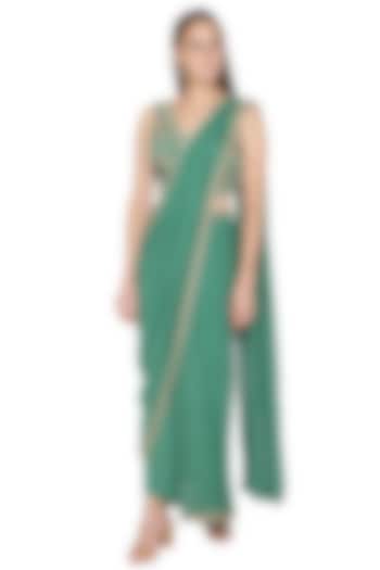 Green Pre-Draped Pant Saree With Embroidered Blouse by Samatvam By Anjali Bhaskar