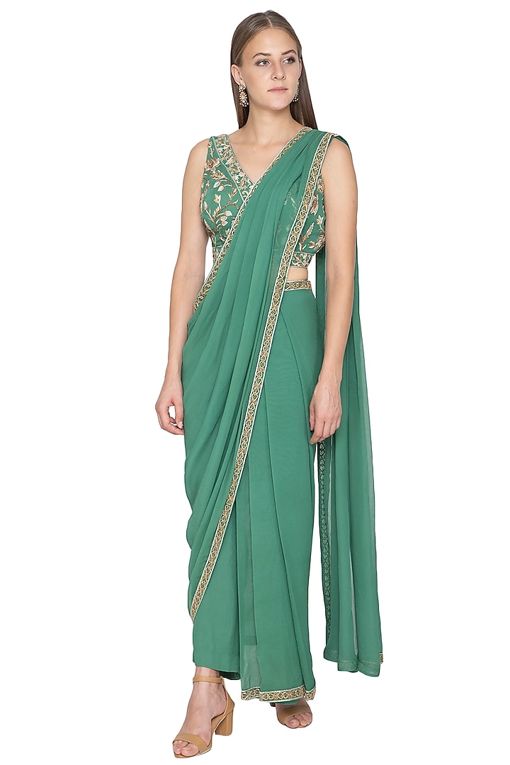 Green Georgette Pre-Draped Pant Saree Set by Samatvam By Anjali Bhaskar