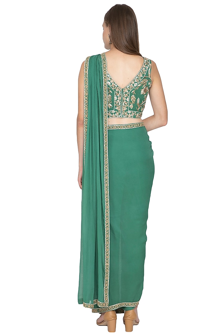 Green Georgette Pre-Draped Pant Wedding Saree Set by Samatvam By Anjali Bhaskar at Pernia's Pop Up Shop