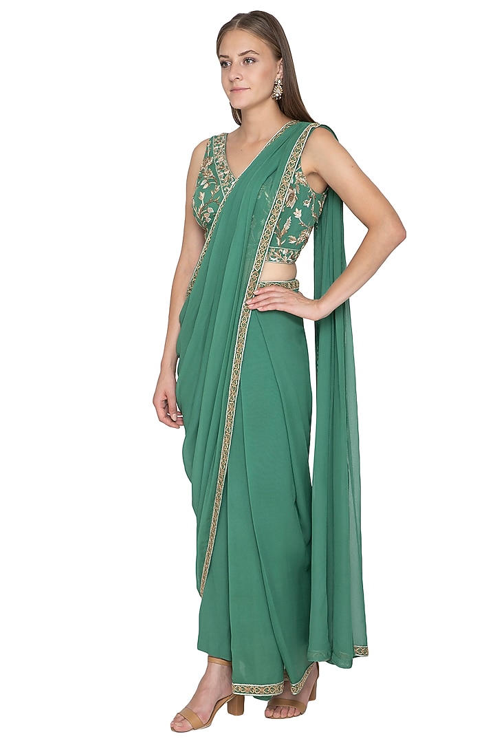 Green Georgette Pre-Draped Pant Wedding Saree Set by Samatvam By Anjali Bhaskar at Pernia's Pop Up Shop