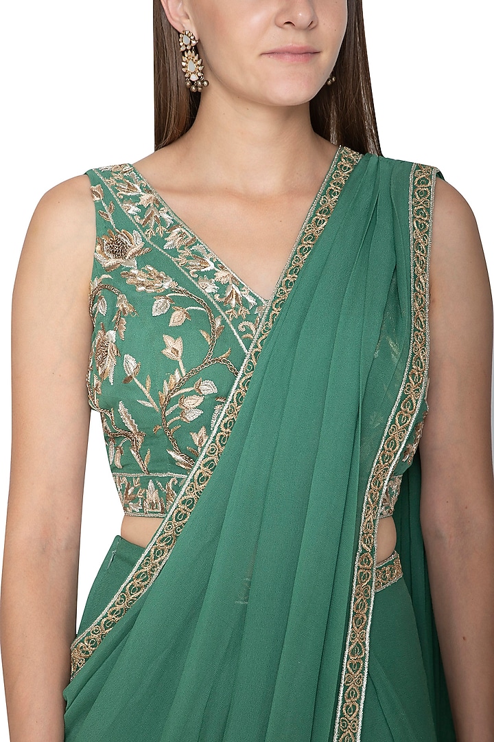 Green Georgette Pre-Draped Pant Wedding Saree Set by Samatvam By Anjali Bhaskar at Pernia's Pop Up Shop