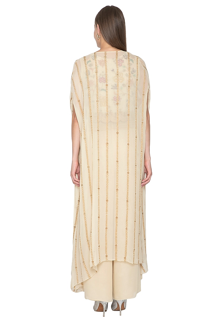 Ivory Embroidered Crop Top With Pants & Cape by Samatvam By Anjali Bhaskar at Pernia's Pop Up Shop