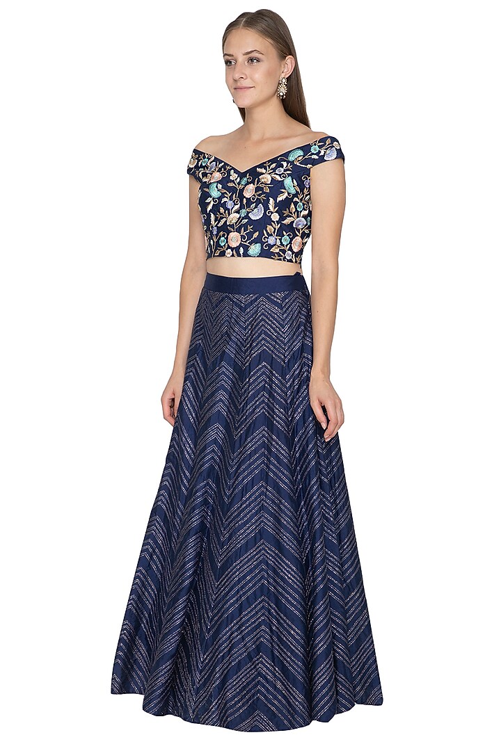 Midnight Blue Embroidered Blouse With Wedding Lehenga Skirt by Samatvam By Anjali Bhaskar at Pernia's Pop Up Shop