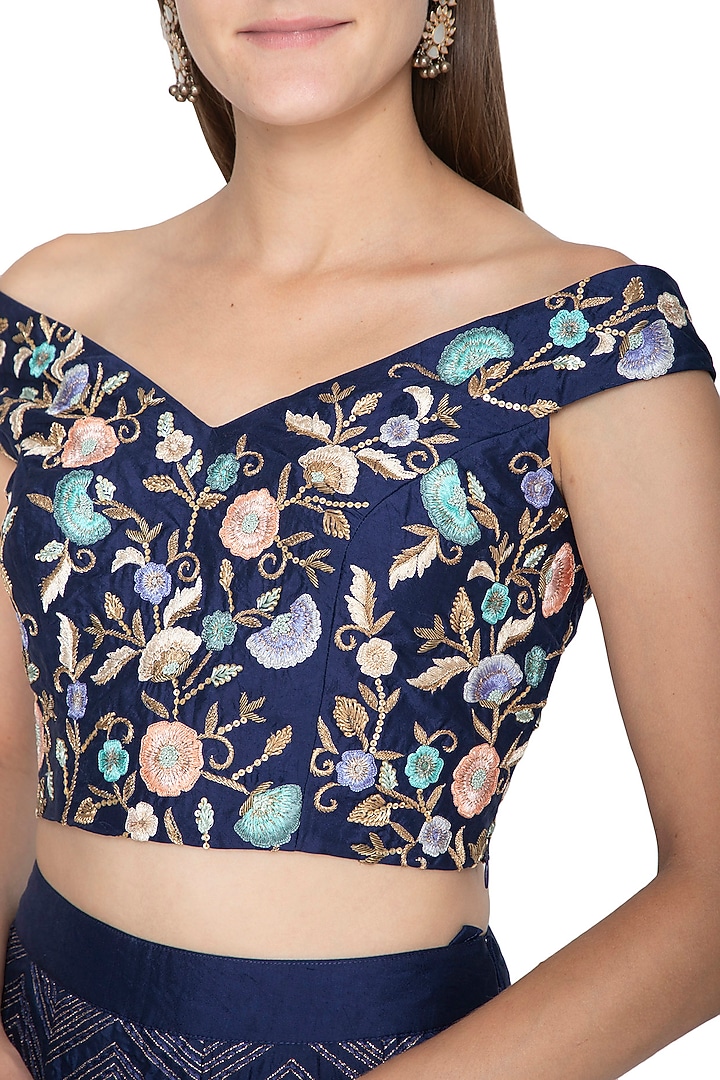 Midnight Blue Embroidered Blouse With Wedding Lehenga Skirt by Samatvam By Anjali Bhaskar at Pernia's Pop Up Shop