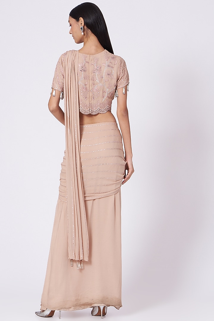 Nude Viscose Georgette Pre-Draped Wedding Saree Set by Samatvam By Anjali Bhaskar at Pernia's Pop Up Shop