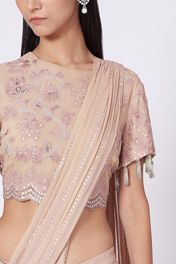 Nude Viscose Georgette Pre-Draped Wedding Saree Set by Samatvam By Anjali Bhaskar at Pernia's Pop Up Shop