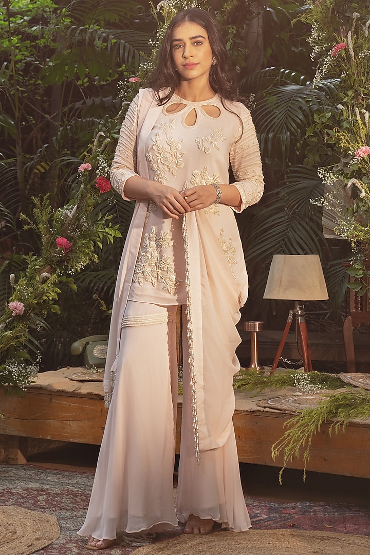 Pale Pink Blended Georgette Party Wear Sharara Set by Samatvam By Anjali Bhaskar at Pernia's Pop Up Shop