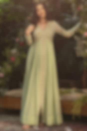 Pista Green Viscose Georgette Hand Embroidered Wedding Anarkali Set by Samatvam By Anjali Bhaskar at Pernia's Pop Up Shop