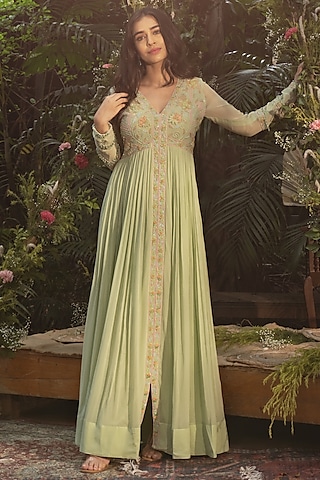 Pista Green Viscose Georgette Hand Embroidered Anarkali Set by Samatvam By Anjali Bhaskar