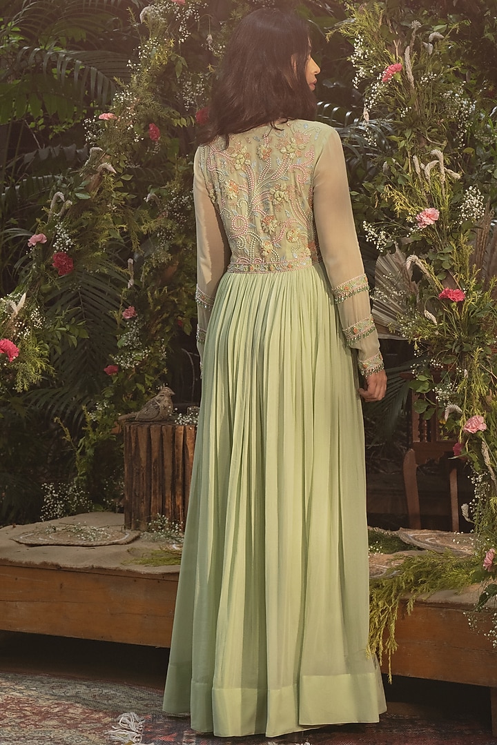 Pista Green Viscose Georgette Hand Embroidered Wedding Anarkali Set by Samatvam By Anjali Bhaskar at Pernia's Pop Up Shop