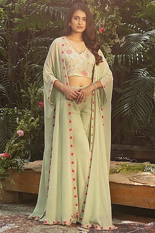 Pista Green Viscose Georgette Hand Embroidered Cape Set by Samatvam By Anjali Bhaskar