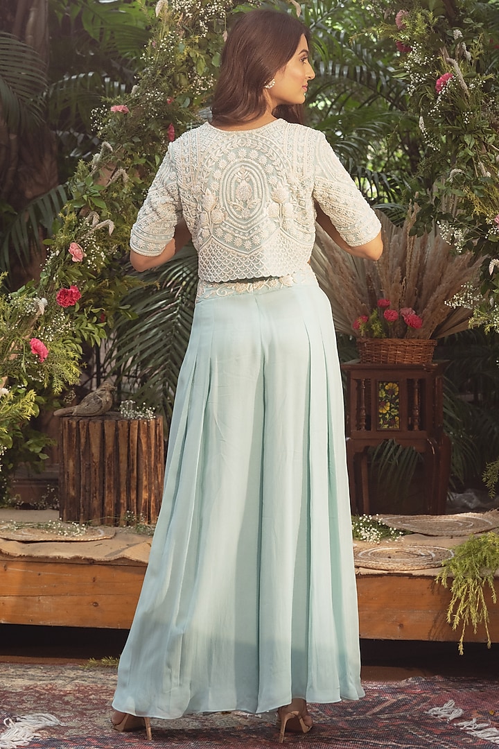 Powder Blue Viscose Georgette Hand Embroidered Jacket Set by Samatvam By Anjali Bhaskar at Pernia's Pop Up Shop