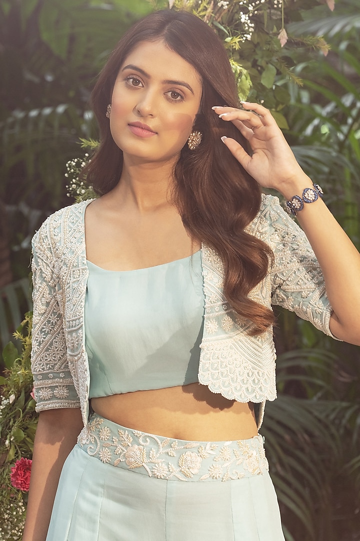 Powder Blue Viscose Georgette Hand Embroidered Jacket Set by Samatvam By Anjali Bhaskar at Pernia's Pop Up Shop