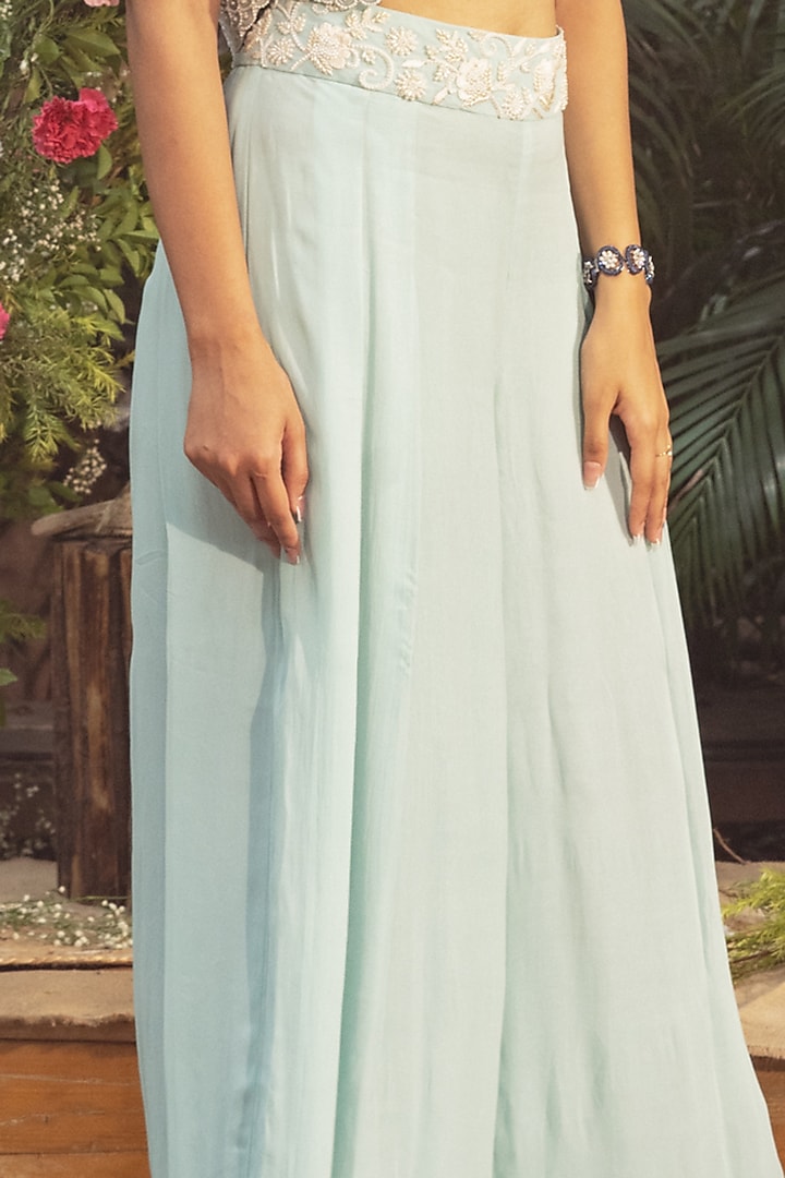 Powder Blue Viscose Georgette Hand Embroidered Jacket Set by Samatvam By Anjali Bhaskar at Pernia's Pop Up Shop