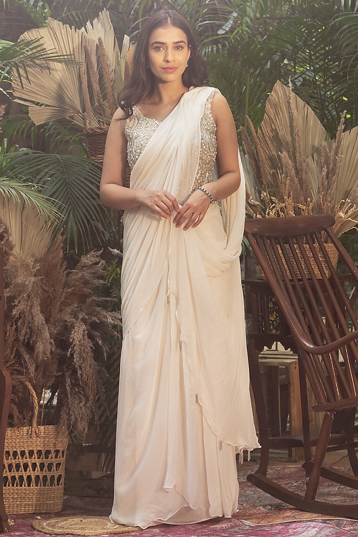 Ivory Viscose Georgette Embroidered Pre-Draped Saree Set by Samatvam By Anjali Bhaskar