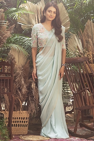 Powder Blue Viscose Georgette Pre-Draped Saree Set by Samatvam By Anjali Bhaskar