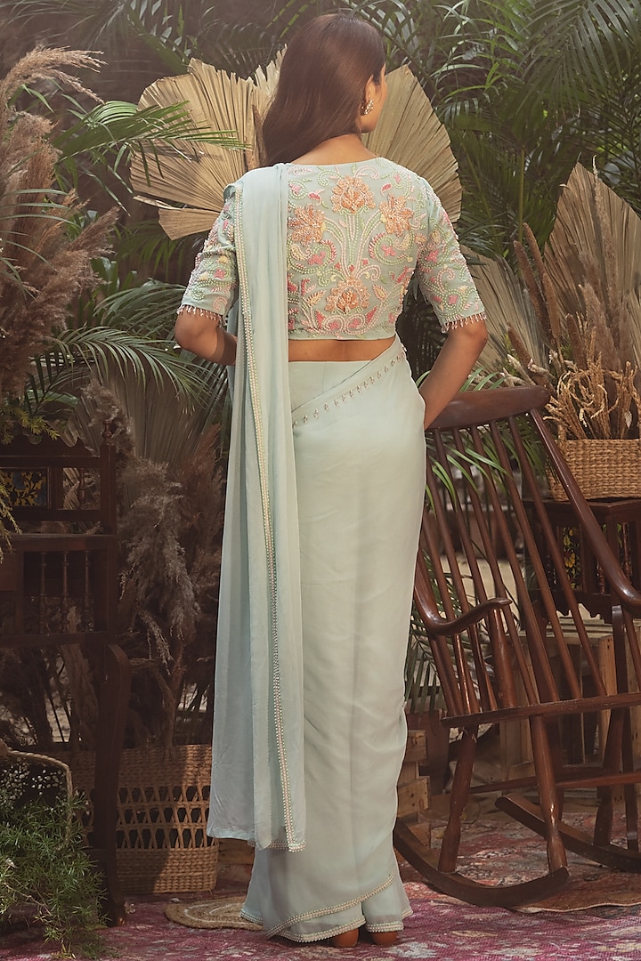 Powder Blue Viscose Georgette Pre-Draped Wedding Saree Set by Samatvam By Anjali Bhaskar at Pernia's Pop Up Shop