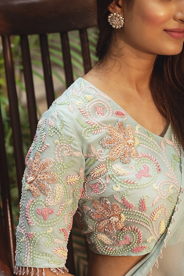 Powder Blue Viscose Georgette Pre-Draped Wedding Saree Set by Samatvam By Anjali Bhaskar at Pernia's Pop Up Shop