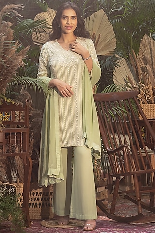 Pista Green Viscose Georgette Hand Embroidered Kurta Set by Samatvam By Anjali Bhaskar